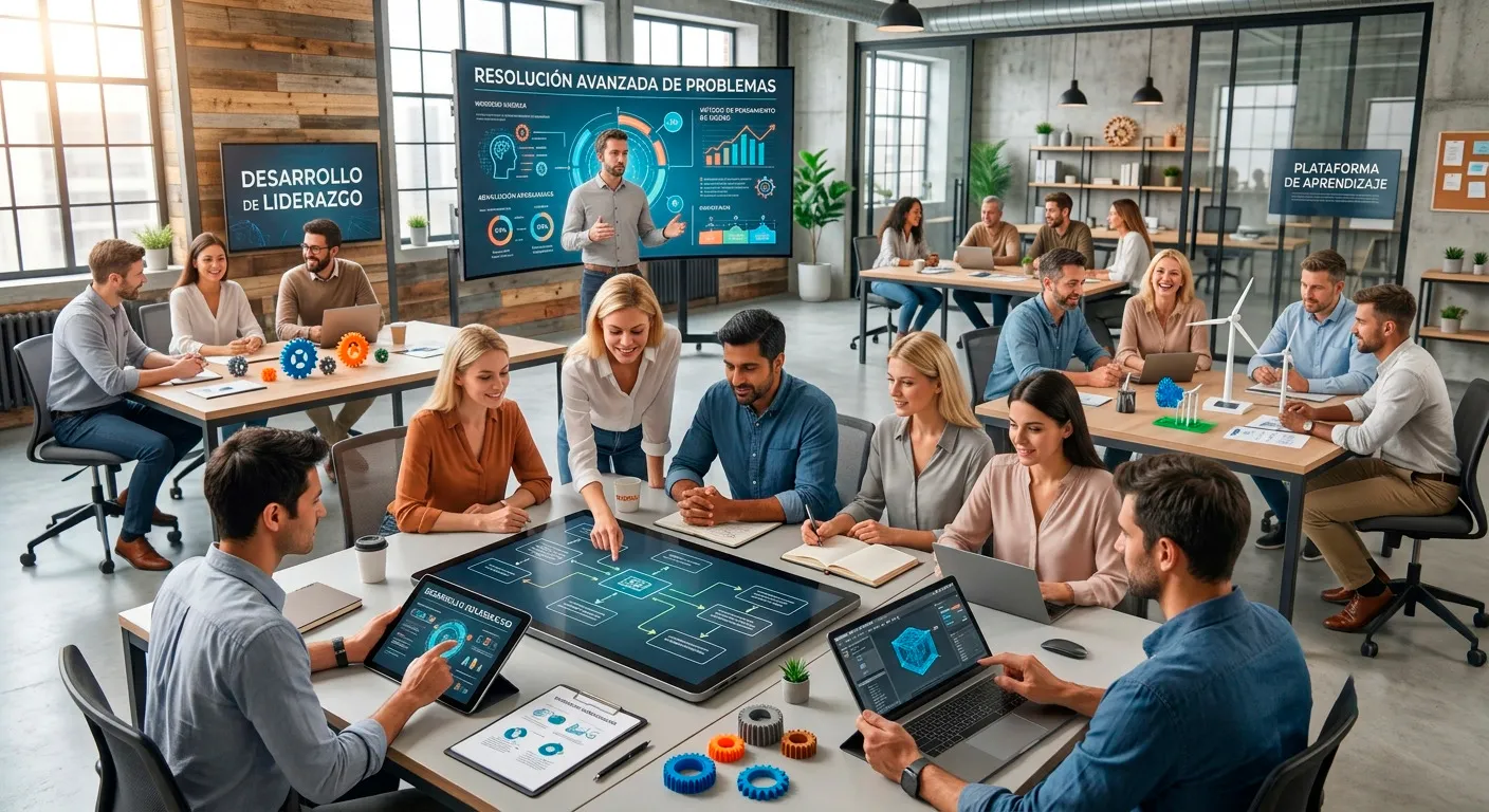 Sala de formación con varios equipos trabajando: un grupo en torno a una mesa con tabletas y portátiles, un formador explicando ante una pantalla y más mesas al fondo
