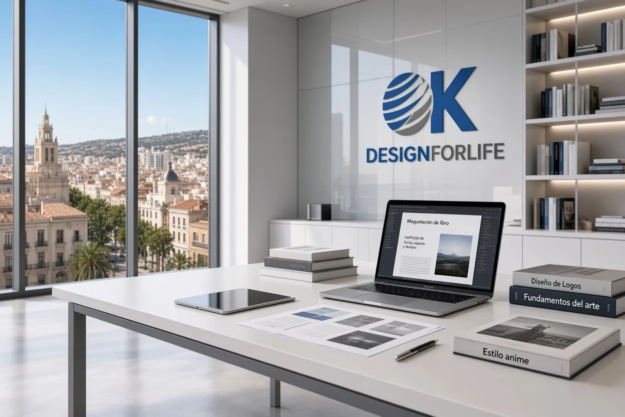 Estudio editorial luminoso con el logotipo de OKDesignForLife en la pared, un portátil maquetando un libro, pruebas impresas sobre la mesa y libros de diseño